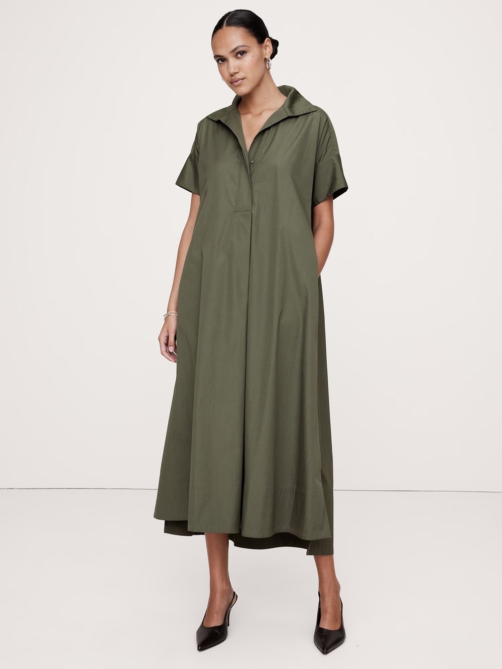 Banana Republic Olive Green Short-Sleeve Maxi Shirt Dress